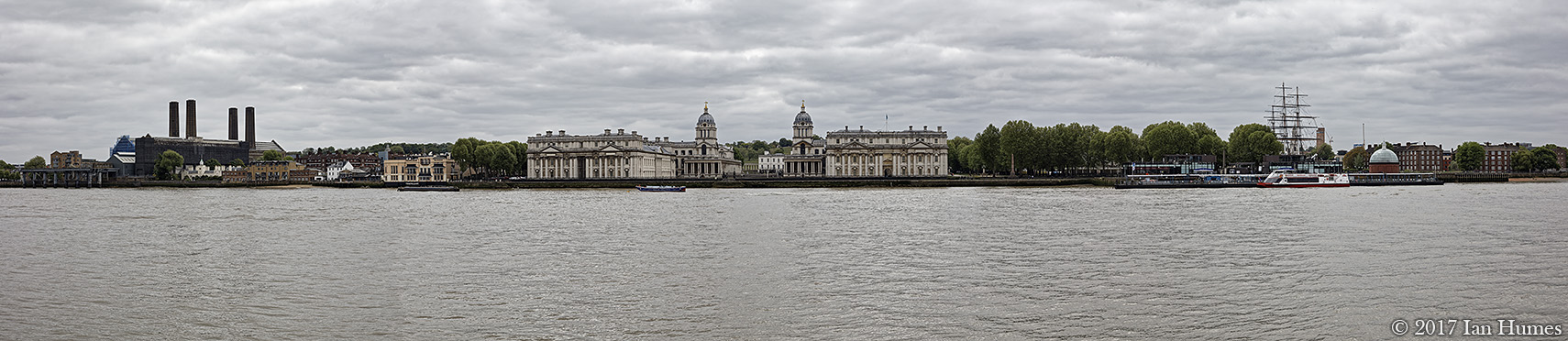 Wide-angle stitched panoramc photograph from Island Gardens of Greenwich Maritime World Heritage Site. LVMF 24a2 - Island Gardens